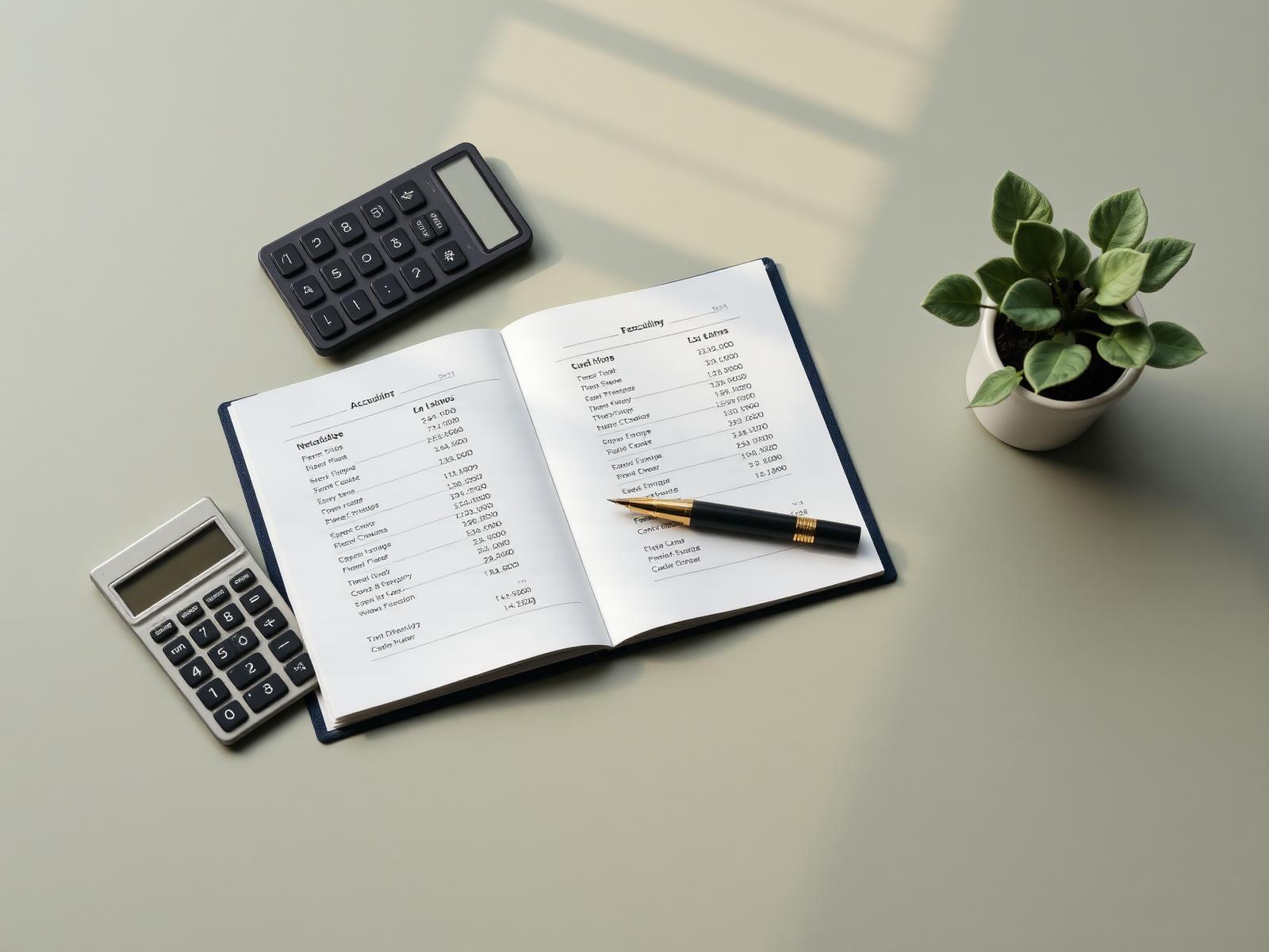 Accountant's desk with ledger and calculator